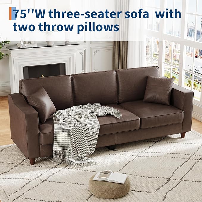 Faux Leather Couch with 2 Throw Pillows, Sofa Couches for Living Room, 3 Seater Sofa with Wide Armrests, Wood Legs, Deep Seats, Back Cushion, Sturdy Support Feet, for Office, Living Room, Dark Brown