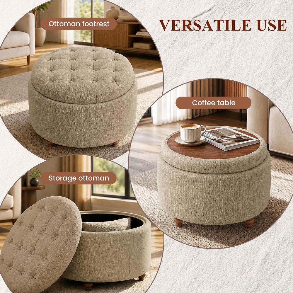 25" Round Ottoman with Storage, Small Coffee Table with Reversible Tray ...