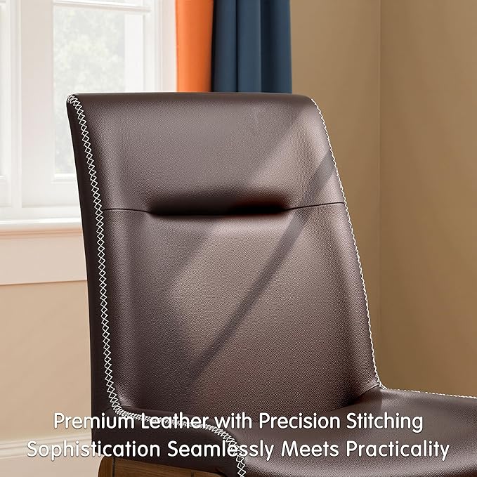 SyMax Dining Chairs Set of 4, Faux Leather Dining Room Chairs with Stitched Edge Trim, Modern High-End Kitchen Side Chairs for Bedroom, Living Room, Dark Brown