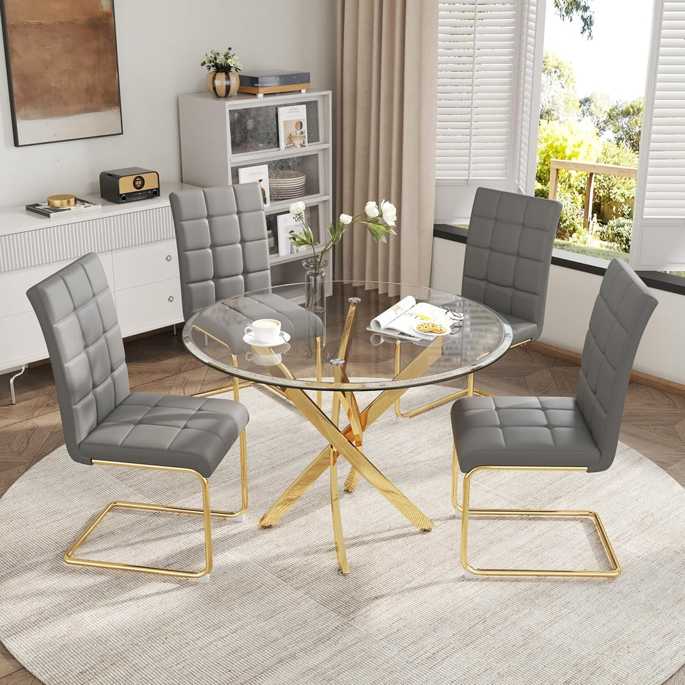AF ARTISAN FURNITURE 5 Piece Round Glass Dining Table Set, Gold Glass Kitchen...