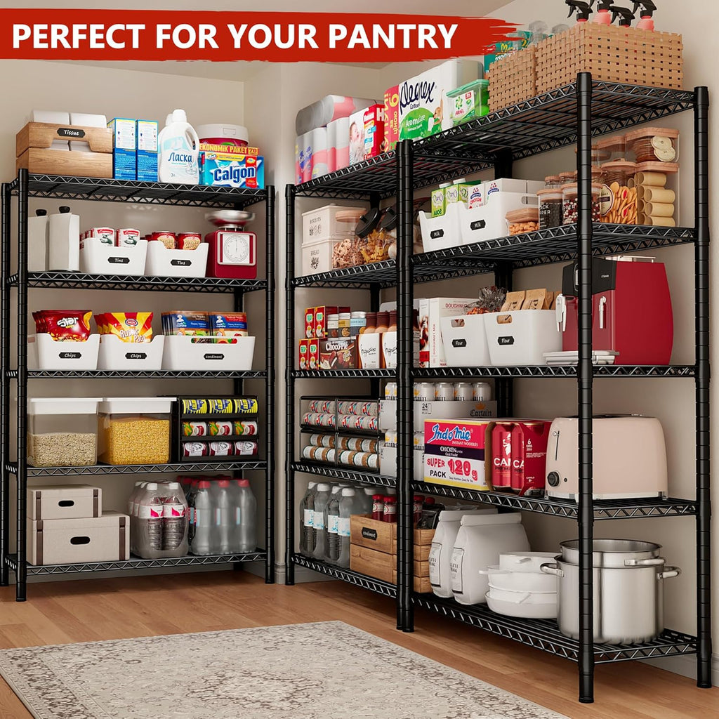 REIBII Storage Shelves Load 1980LBS,5 Tier Metal Shelving Unit with Wheels,Adjustable Garage Shelving Wire Shelves Commercial Shelf for Garage Pantry Kitchen,76''HX36''WX16''D Black