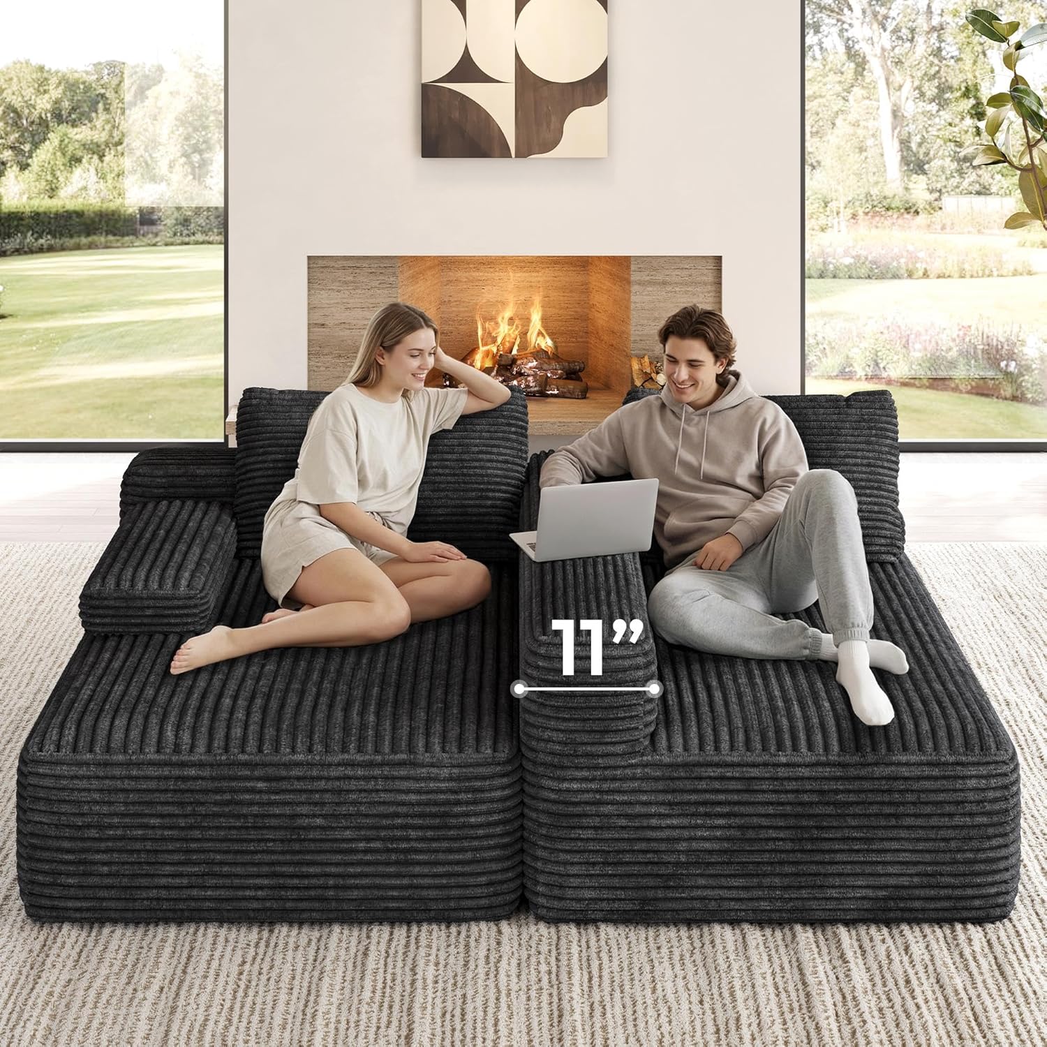 Yaheetech 110" Sectional Sofa Boneless Couch with Chaise, Dark Gray | Sectional Sofa Cloud Couch Corduroy Modular L-Shape Couch No Assembly Sofa with Detachable Pillow for Living Room Guest Room