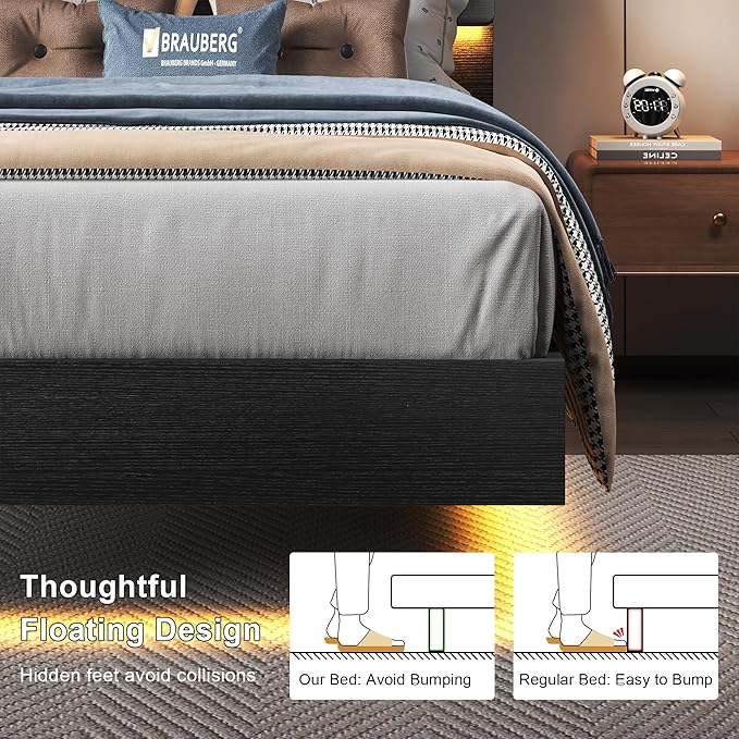 Feonase Twin Floating Bed Frame with Led Lights and Charging Station, Wood Twin Size Bed Frame with Storage Headboard, Heavy Duty Metal Slats, No Box Spring Needed, Easy Assembly, Black