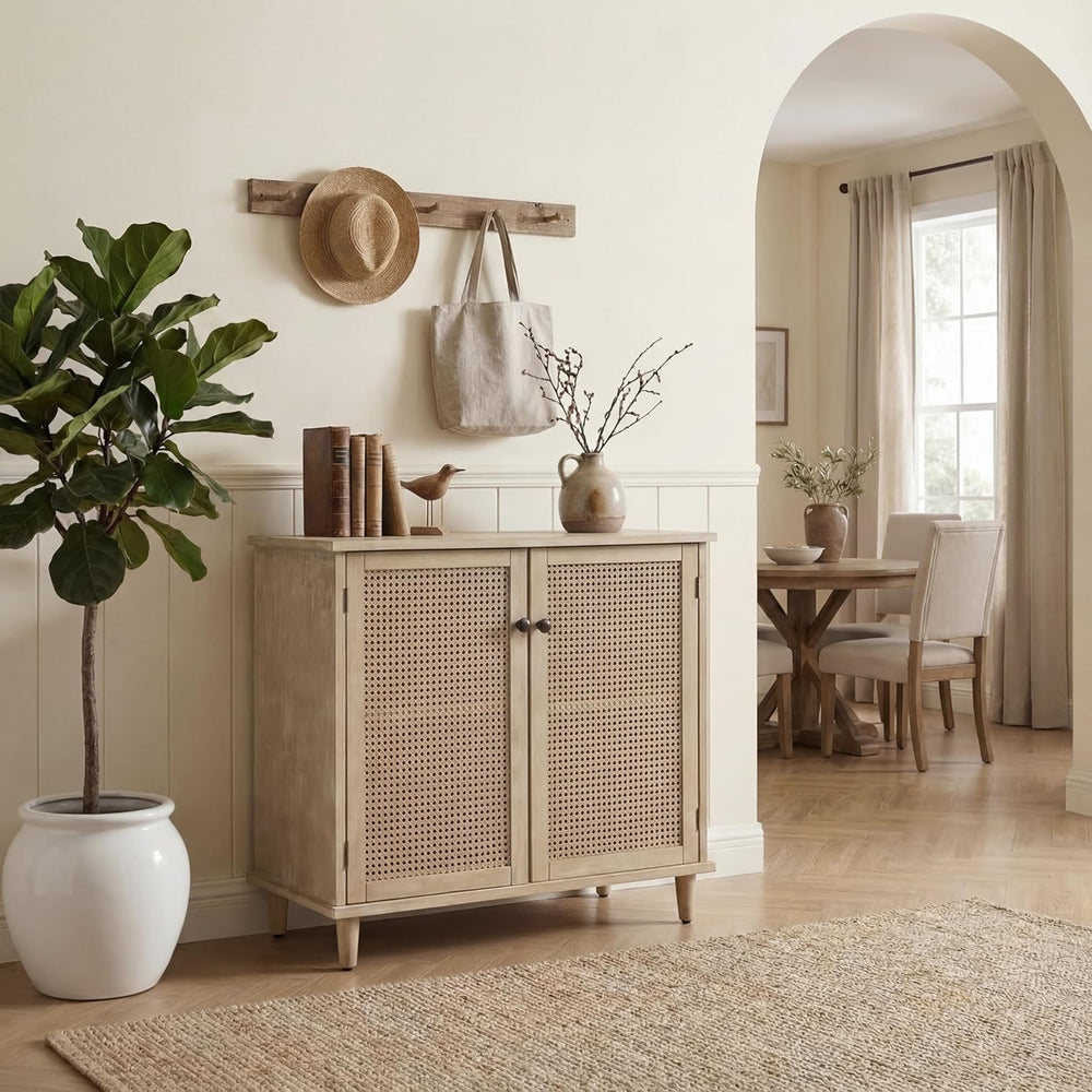 Fat Ant Buffet Cabinet with Storage, Rattan Sideboard Cabinet with 2 Magnetic...