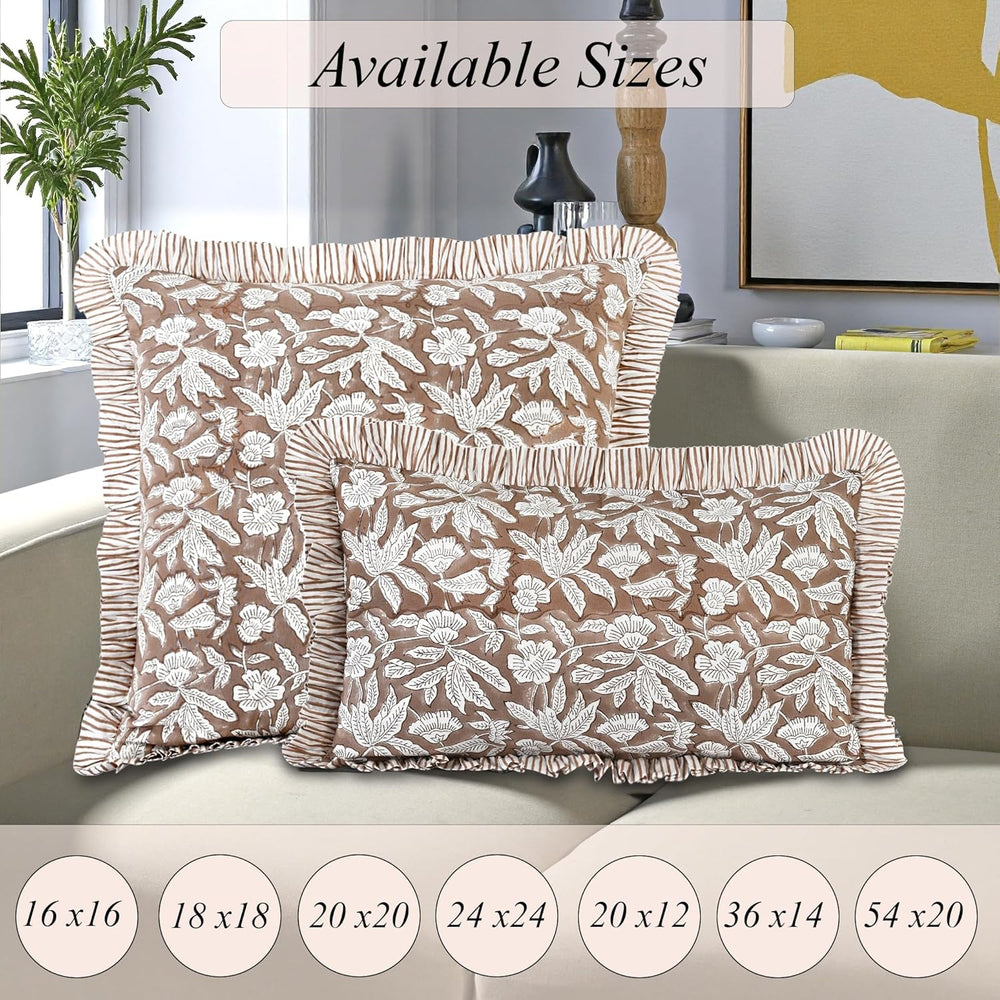 Ridhi Oak Brown Block Print Ruffle Pillow Covers 16x16 Inch Set of 2