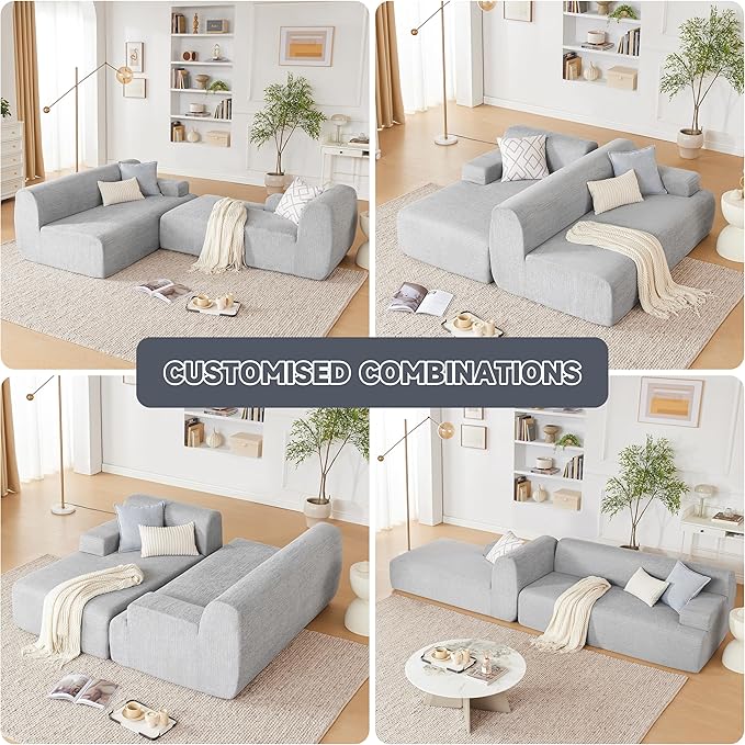 107" Modular Sectional Cloud Couch, Boneless couches Sponge sectionals for Living Room, High Density Sponges Sofa, Modular L-Shape with Chaise, Lightgrey