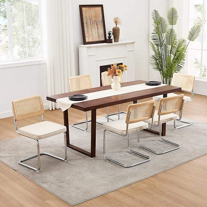 Zesthouse Natural Rattan Dining Chairs Set of 2, Mid Century Modern Dining Chairs with Solid Wood Back & Chrome Base, for Kitchen Living Room, Breuer Design Inspired, Upholstered Linen Fabric, Beige