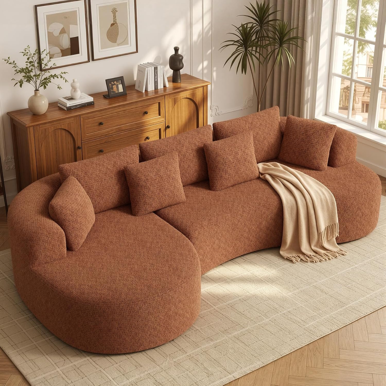 126" Oversized Curved Sectional Sofa for Living Room, Boneless Modern Couch with Chaise, Cloud Couch with 7 Pillows, No Assembly, Caramel 1PCS