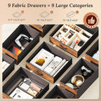 PRAISUN 47 Inch Office Desk with Outlets, Computer Desk with 9 Fabric Drawers, Writing Gaming Work Study Desk for Bedroom, Living Room, Home Office, Large Storage, Rustic Brown