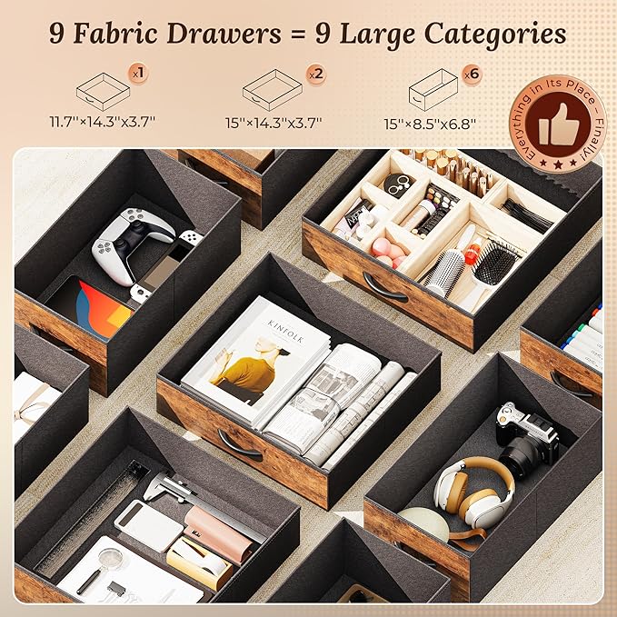 PRAISUN 47 Inch Office Desk with Outlets, Computer Desk with 9 Fabric Drawers, Writing Gaming Work Study Desk for Bedroom, Living Room, Home Office, Large Storage, Rustic Brown
