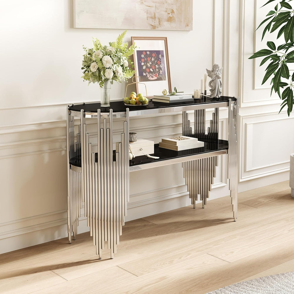 Modern Oval Console Table, 47 Inch Silver Sofa Tables with 2-Tier Black Tempe...