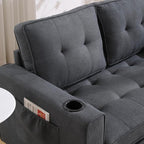 ERYE 3 Fold Tufted Upholstered Futon Sofa Bed Modern Convertible Foldable Floor Loveseat Sofabed with Pull Out Sleeper Couch Daybed W/Cupholders and Pockets for Living Room