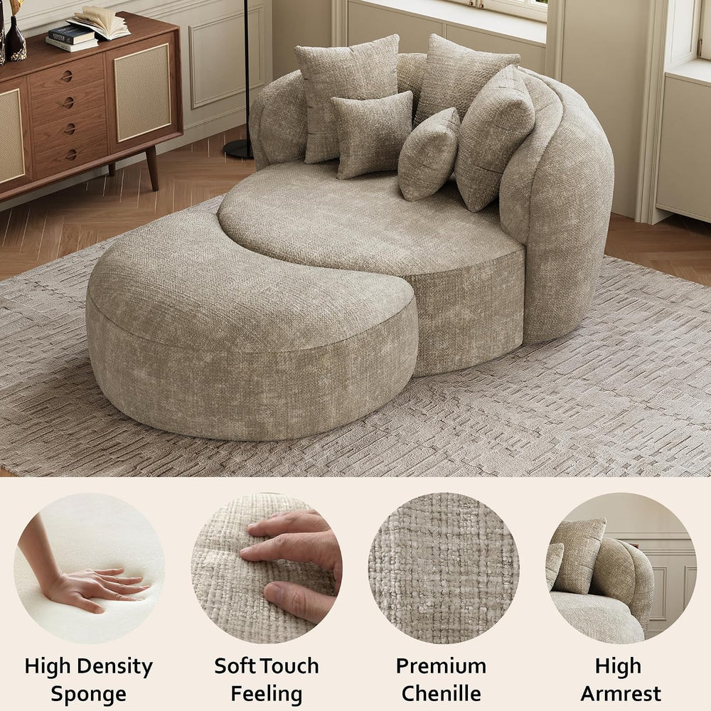 53.5" Oversized Round Chaise Lounge with Ottoman, Chenille, Light Brown ...