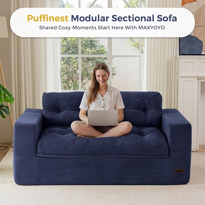 MAXYOYO 63" Loveseat Sofa Couch for Small Spaces, Upholstered Boneless Cloud Couch for Apartment Bedroom, 2-Seater Love Seat Floor Modern Sofa with Pillows, No Assembly Required, Navy