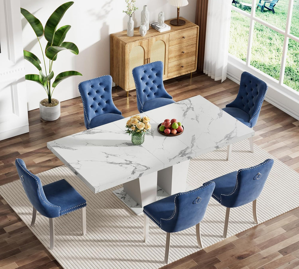 Faux Marble Extendable Dining Table Set for 6, Modern White Kitchen Table Set...