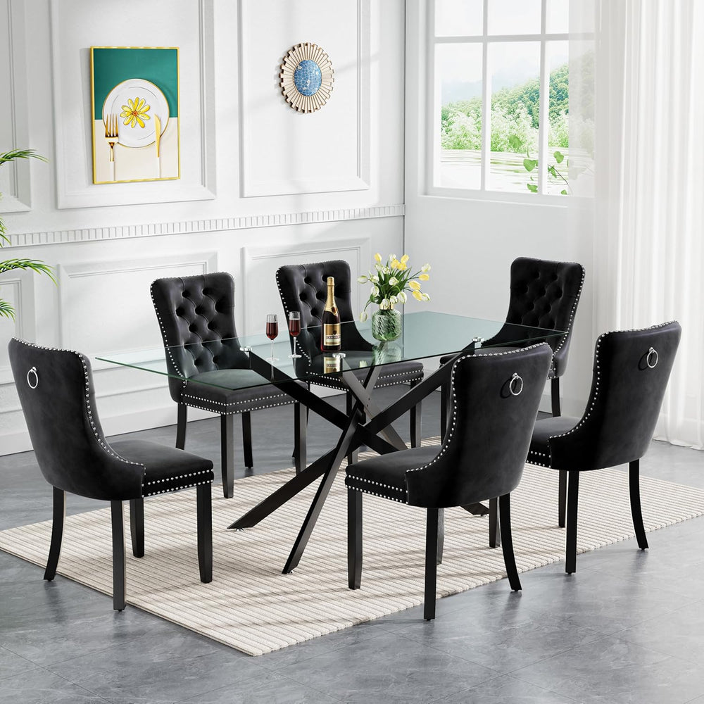 HomVent 7 Piece Rectangular Glass Dining Table Set, Tempered Glass Dinner Tab...