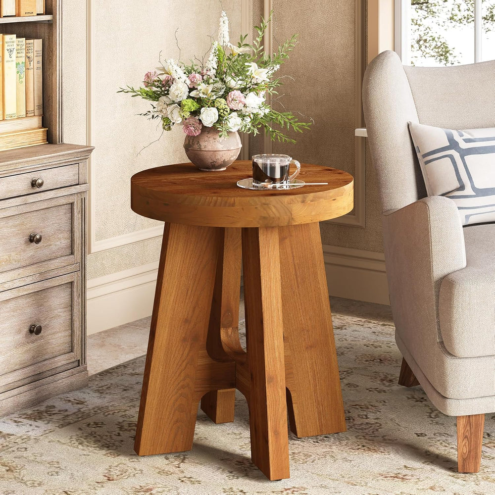 Round Side Table, Farmhouse Solid Wood End Table for Couch, Mid Century Moder...