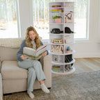 Rotating Shoe Rack Tower 360-32 Pair, 8 tiers, Reachable Spinning Shoe Rack Tower. Rotating Storage Tower, Bookshelf, handbag holder (8 Tier Standard Size) 5ft, 3in.
