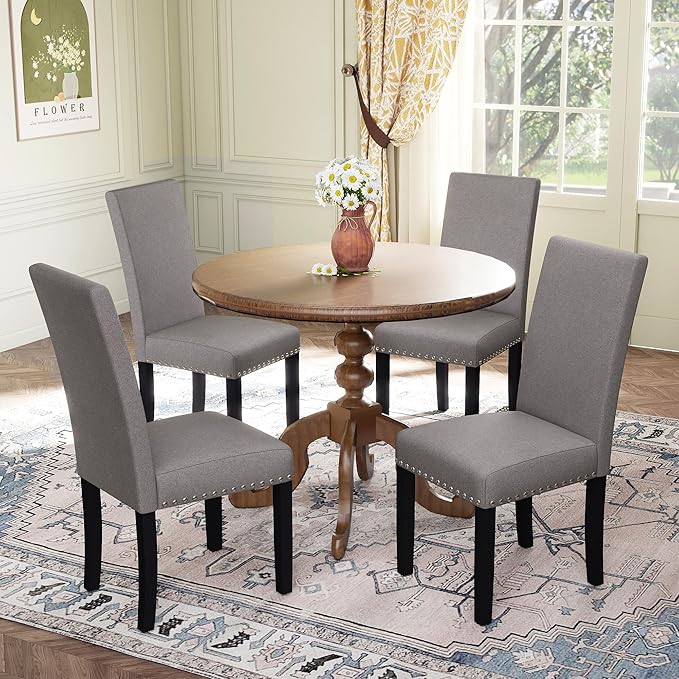 LSSPAID Dining Chairs Set of 4, Fabric Upholstered Dining Room Parson Chair with Nailhead Trim and Solid Wood Legs for Home and Kitchen, Gray