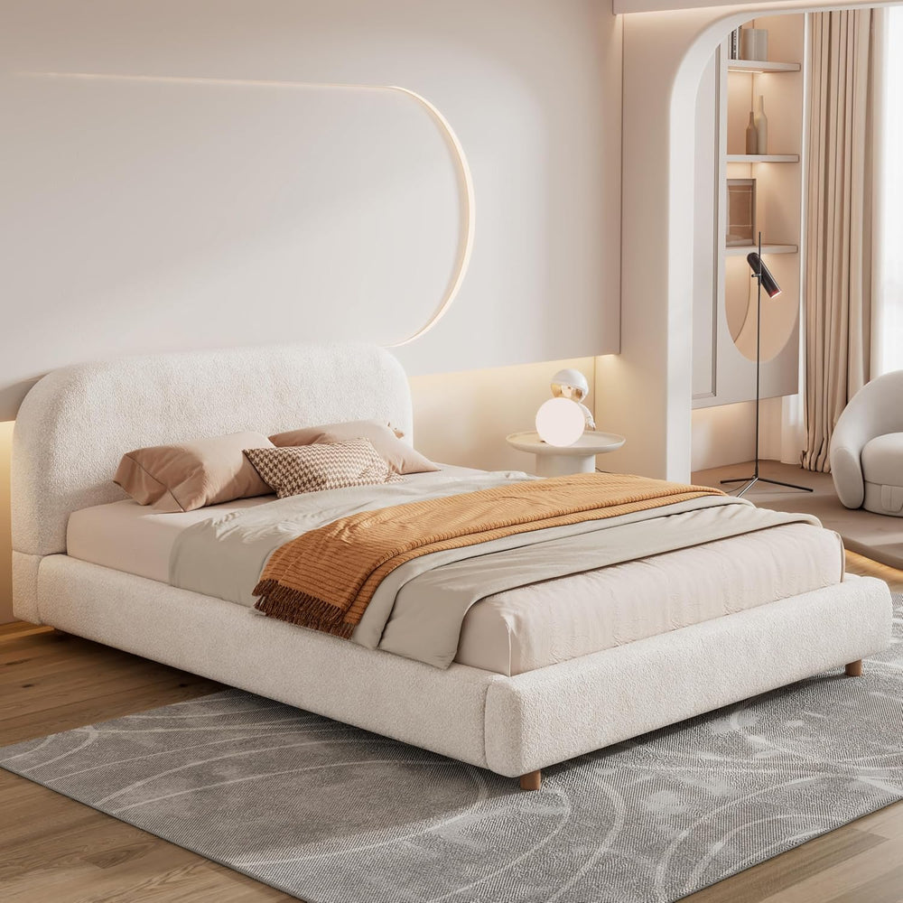 Queen Size Bed Frame, Cloud Upholstered Boucle Platform Beds Frames
