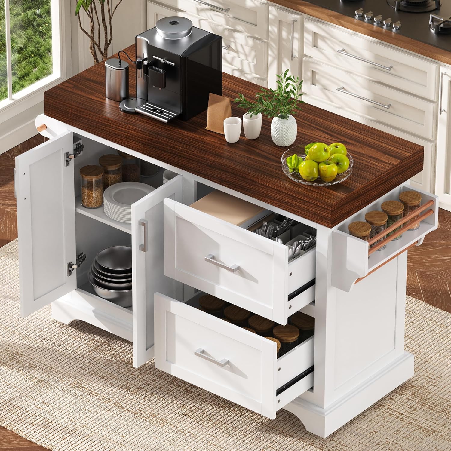 53" Large Kitchen Island with 3.5" Thick Desktop, Spice and Towel Racks, Rolling Kitchen Island with Storage on 5 Wheels, 2 Extra-Large Drawers, for Home, Kitchen, Dining Room, White