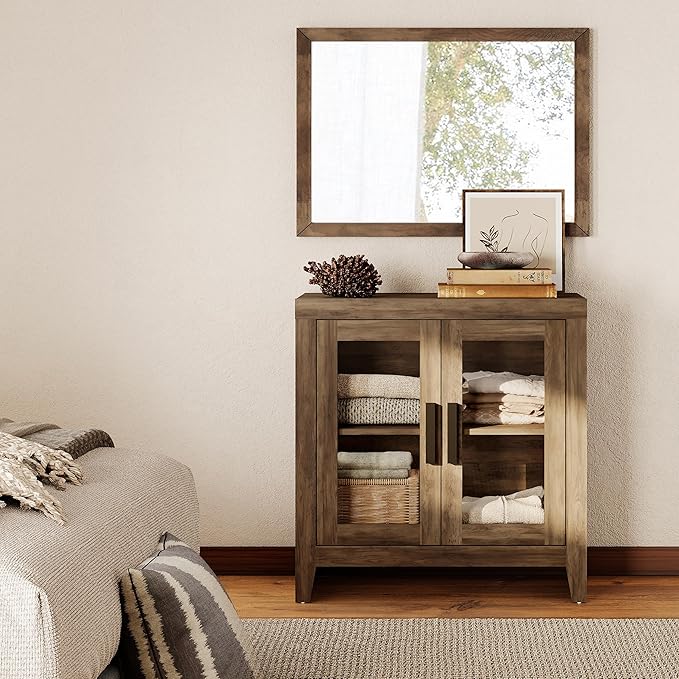 WAMPAT Farmhouse TV Stand for TVs up to 50”, Rustic Wood Entertainment Center with Adjustable Shelf, Glass Doors & Storage, Media Console Cabinet for Living-Room, Bedroom, Brown