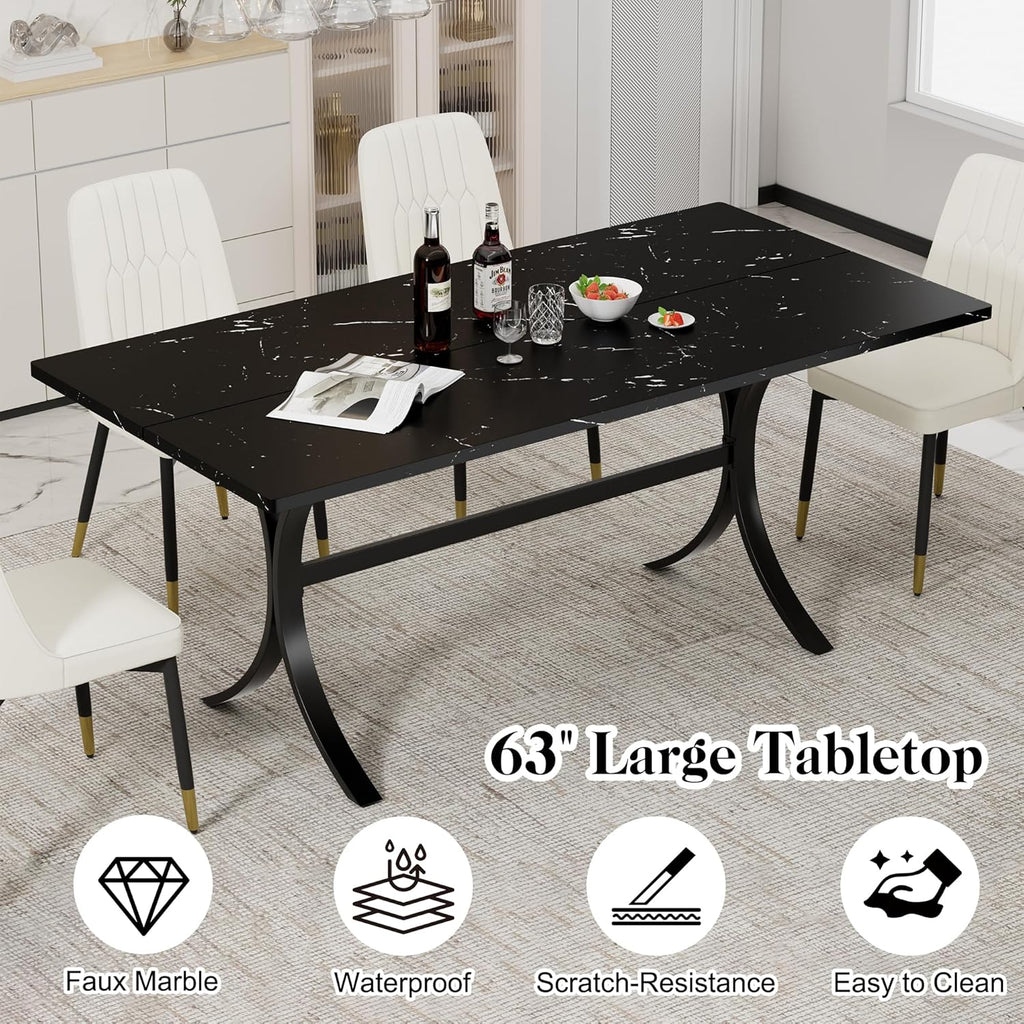 7-Piece Modern Dining Table Set, 63" Rectangular Black Faux Marble Dining Table with Curved Metal Legs and 6 Gray Velvet Upholstered Dining Chairs with Solid Wood Legs, Kitchen Furniture