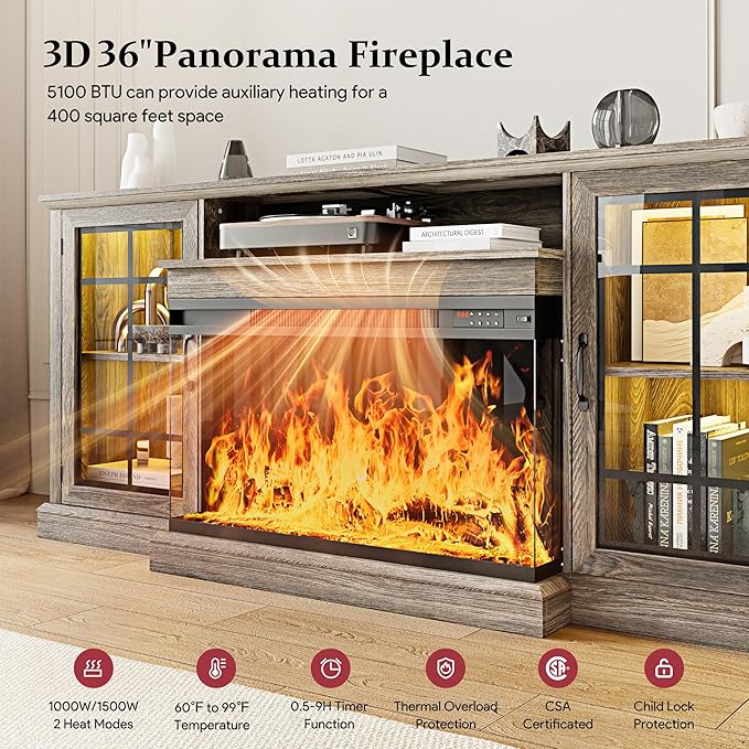MXV 80'' Fireplace TV Stand, Farmhouse Entertainment Center with 3 Sided Glass TV Stand, Modern Media Console Table with Storage Drawers & Cabinets with LED Flame and Lights for Living Room, Gray