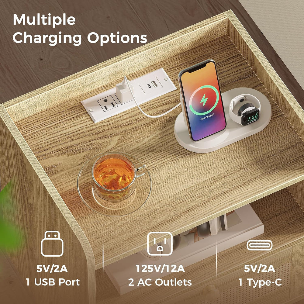 SUPERJARE Nightstands Set of 2, Night Stands with Charging Station & PE R...