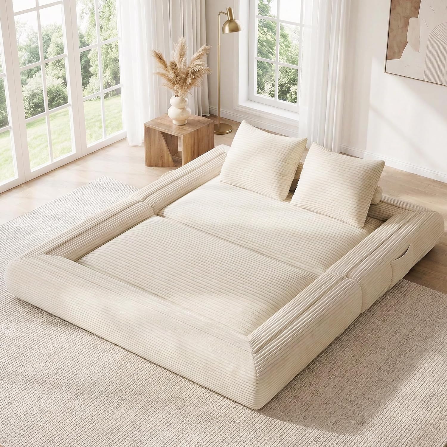 Jocoevol 4-in-1 Convertible Folding Sofa Bed, 78"W x 68"L Queen Size Foldable Sleeper Sofa Bed, Wide Corduroy Upholstery, Boneless Mattress Couch with Armrests & Neck Pillow for Living/Bedroom, Beige