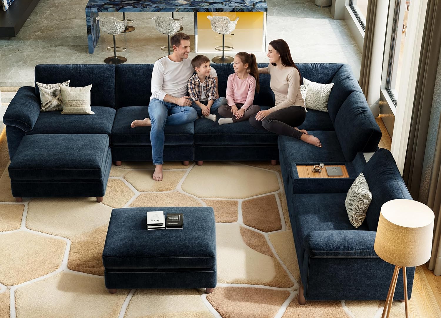 Cloud Couch Sectional, 6 Seater with Console, Chenille in Navy Blue | Detachable and Washable Cover, Sectional Sofas for Living Room, Deep Seat Wide Couch with Chaise, Storage Ottoman