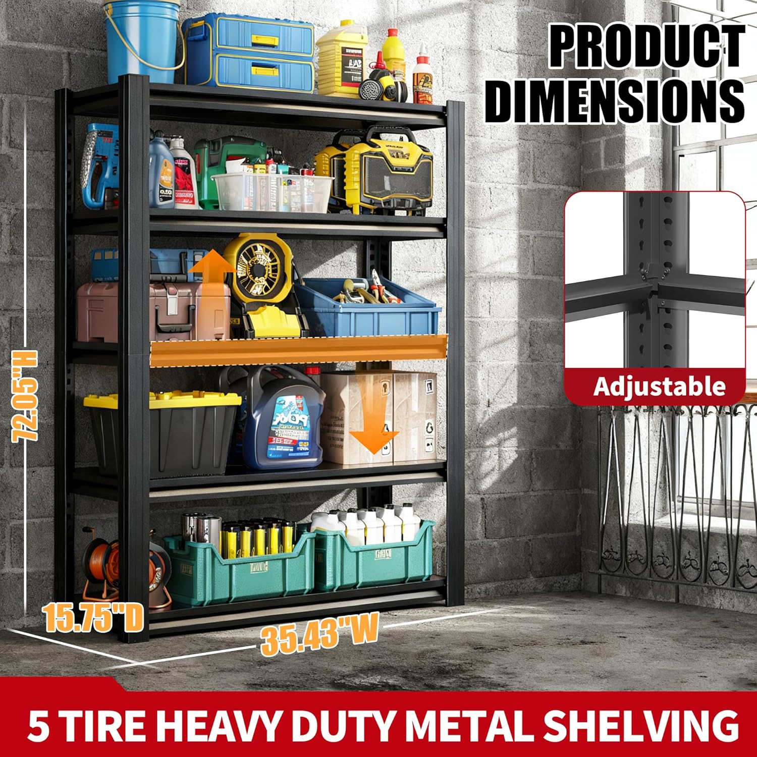 72" H Garage Shelving, Metal Storage Shelves, Adjustable 5 Tier Storage Rack, Heavy Duty Shelving, Industrial Utility Shelf for Garage, Warehouse, Bedroom, Kitchen,16" D×36" W×72" H, Black