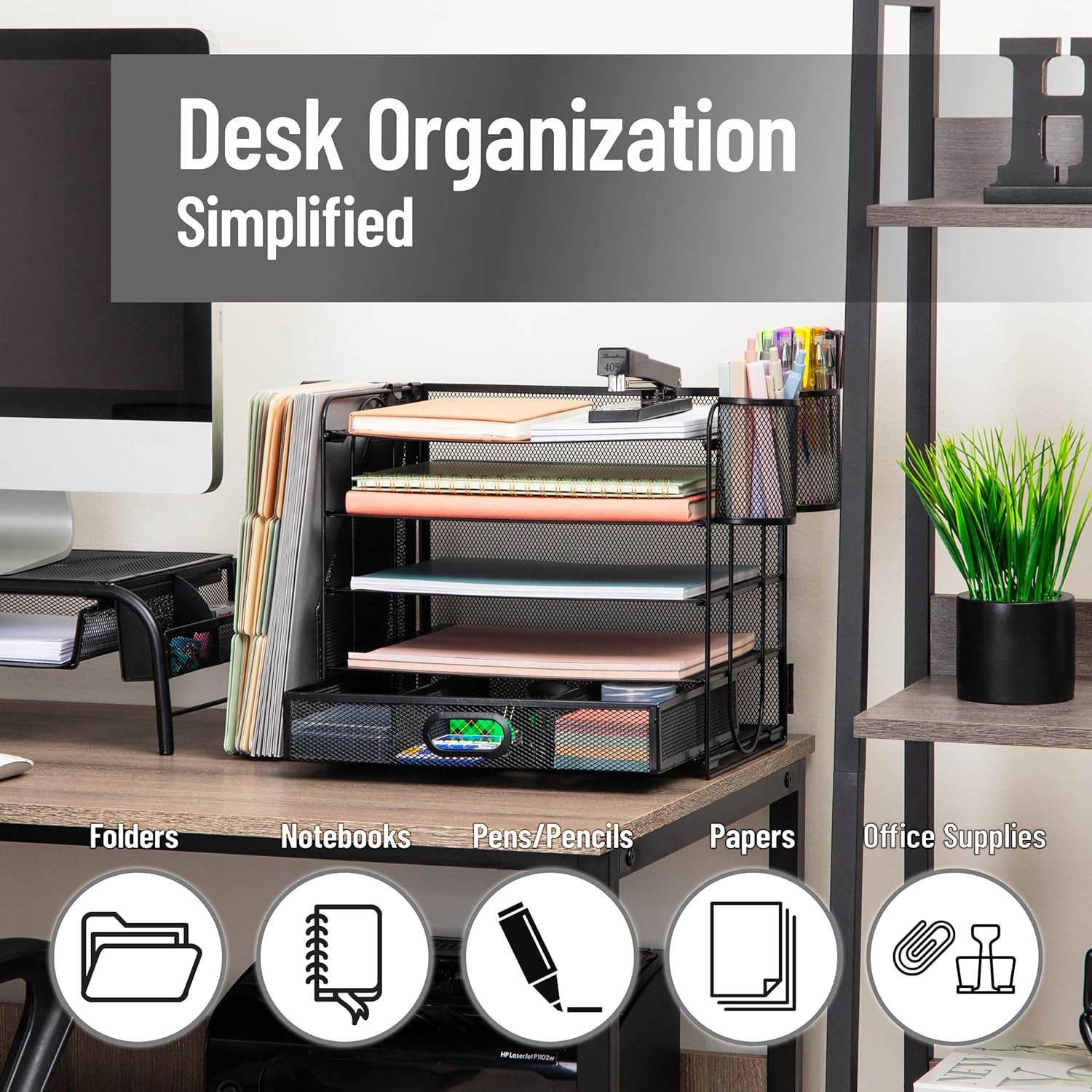 Mind Reader Mesh Desk Organizer, 4 Trays, 1 Drawer, File Holder, 2 Pen Cups, Office Desktop Organizer, Metal Mesh, Black