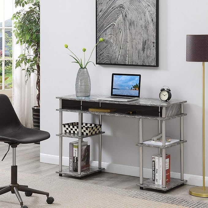 Convenience Concepts Designs2Go No Tools Desk Home Office Desk with Shelves, Corner Shelf Vanity Desk Computer Desk Nail Table for Nail Tech - 47.25" L x 15.75" W x 30" H, Gray Faux Marble