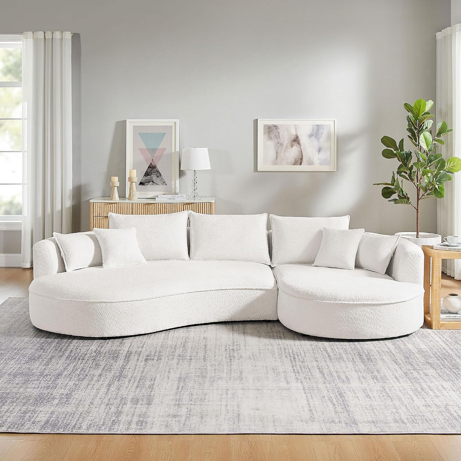 KEVINSPACE 128.15" Sofa Couch Modern Curved Cloud Round Sectional Couches Comfy with Pillows Luxury Chaise L Shape Upholstery for Living Room Apartment White Right Hand Facing
