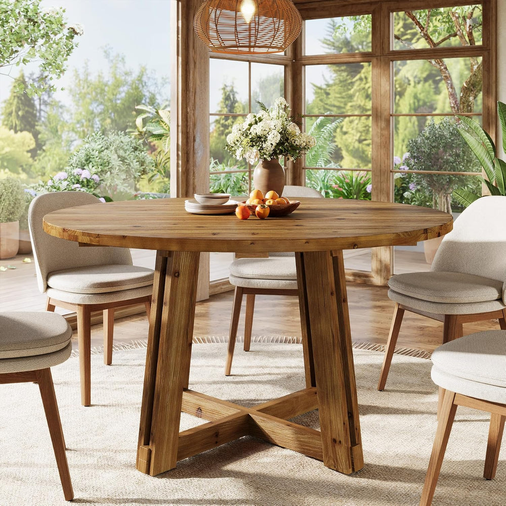 47.3" Solid Wood Dining Table for 4-6, Round Wood Kitchen Table | Farmho...