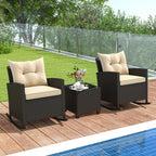 Tangkula 3 Piece Wicker Outdoor Rocking Chairs Set (Beige) | Tempered Glass Table & Thickened Soft Cushions | Easy Maintenance | Long-Lasting for Porch Garden Patio Backyard Poolside