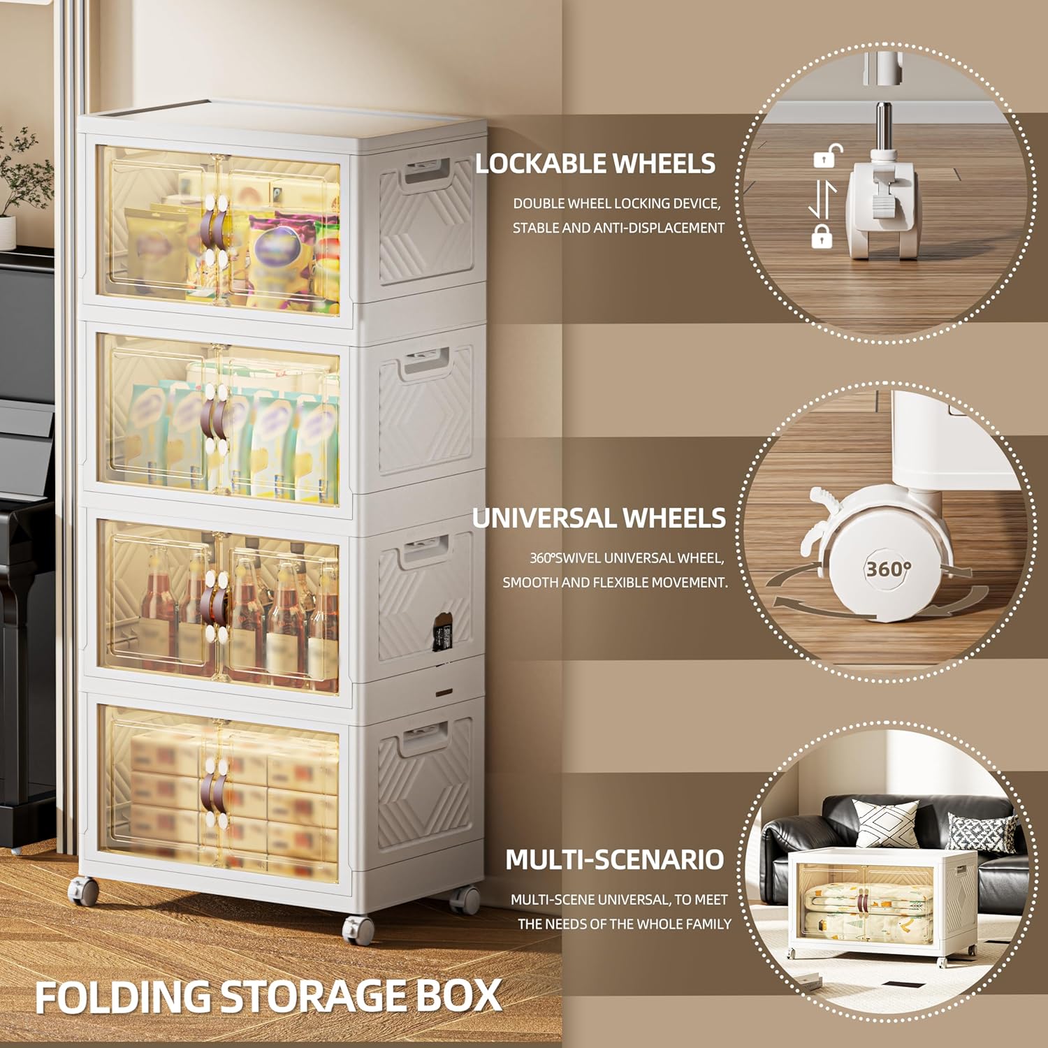 340 QT / 85 Gal Magnetic Door Storage Bins Collapsible Stackable w/1 Lid, Heavy Duty Plastic Cabinet with Wheels for Home Office Organization (White)