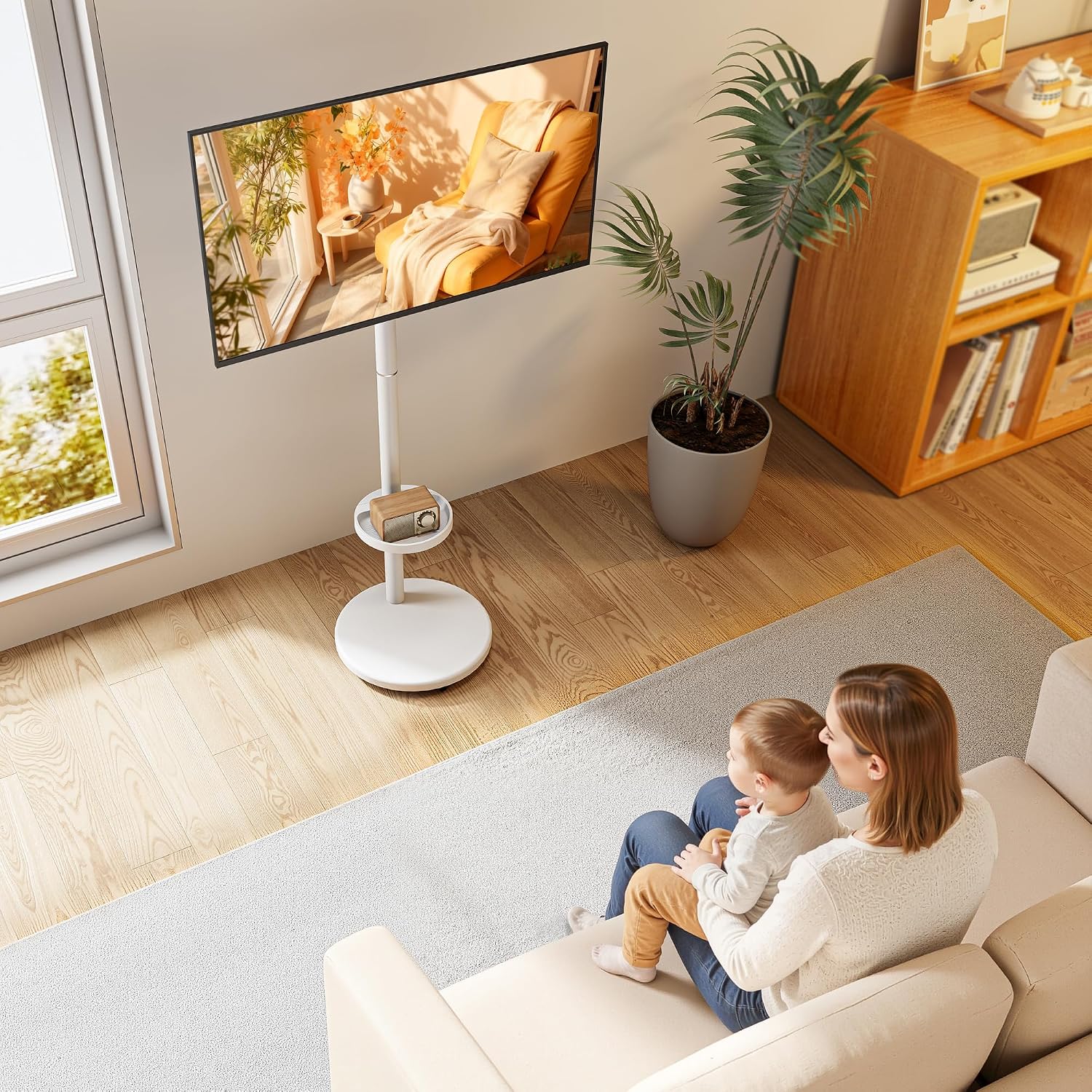 Rolling TV Stand for 13-43" TVs, 33 lbs, White | Compact mobile TV cart, portrait or landscape rotation, adjustable storage box and shelf, VESA up to 200x200