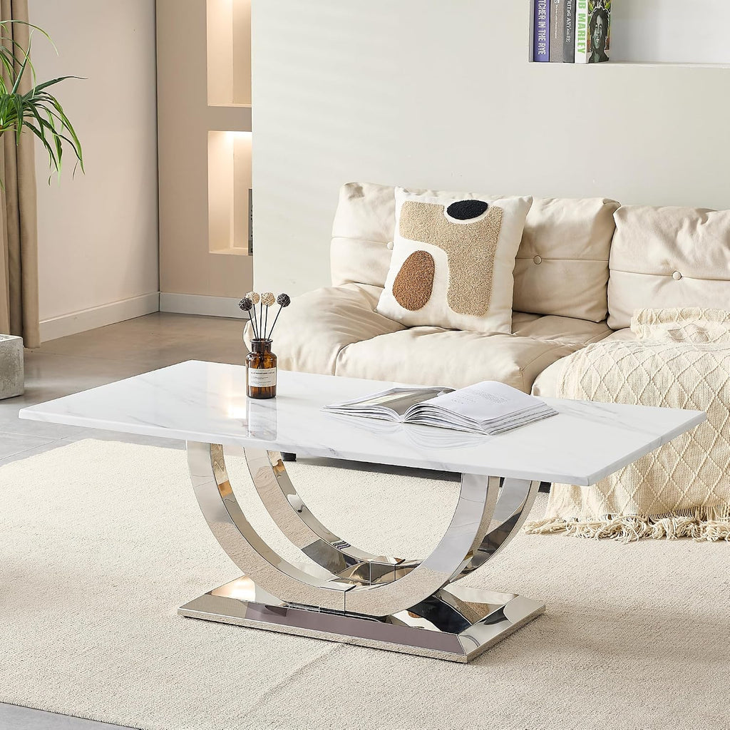 Henf Modern 50" Coffee Table White Faux Marble Center Table with Silver Mirrored Stainless Steel Base, Luxury Accent Sofa Table for Living Room Apartment (White & Silver)