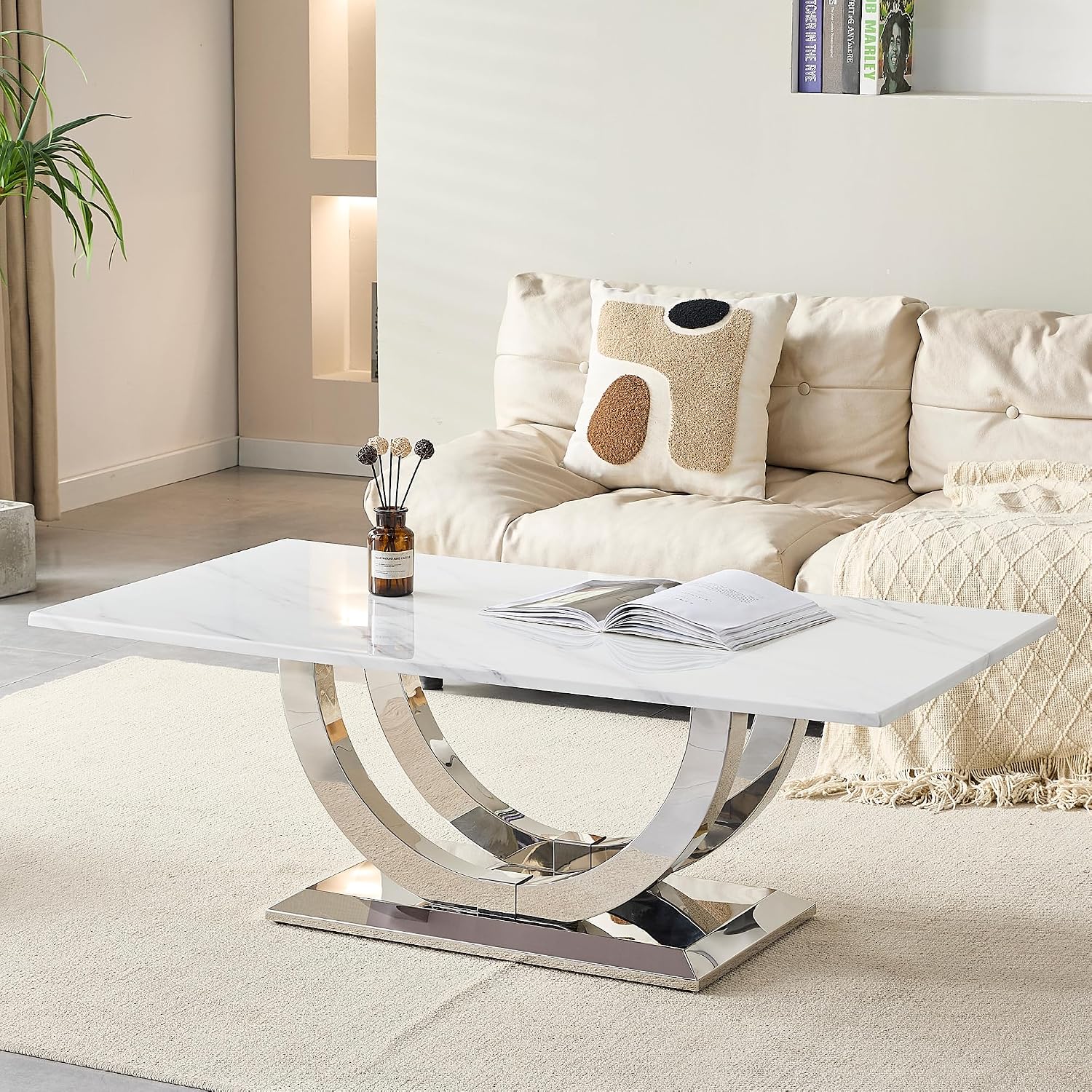 Henf Modern 50" Coffee Table White Faux Marble Center Table with Silver Mirrored Stainless Steel Base, Luxury Accent Sofa Table for Living Room Apartment (White & Silver)
