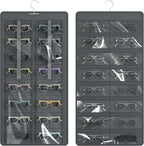Hanging Sunglasses Organizer and Storage, 32 Slots Jewelry Holder, Gray | Protect eyewear from dust with double-sided clear compartments; roof design hangs on wall, door or closet for home/RV travel.