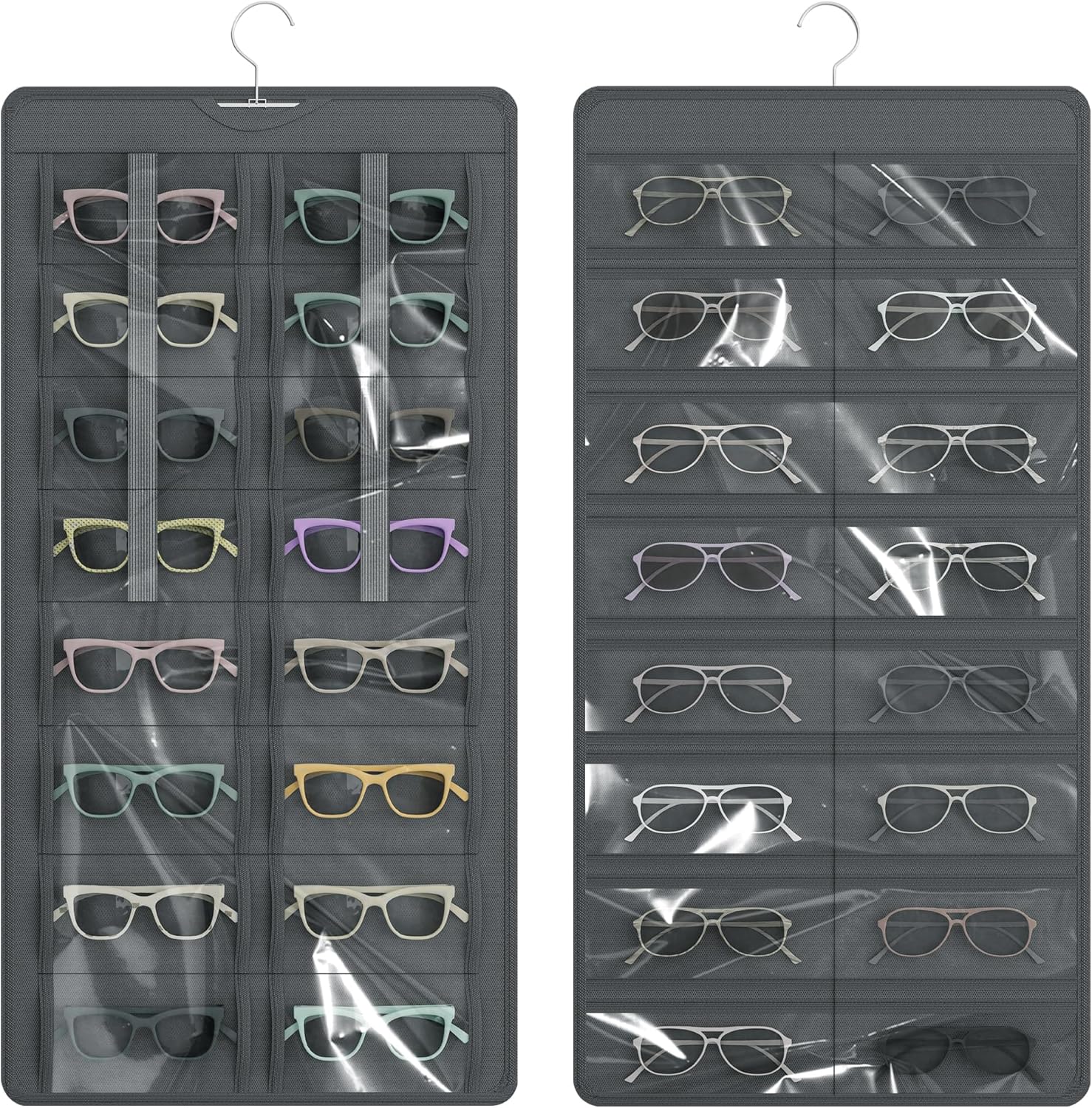 Hanging Sunglasses Organizer and Storage, 32 Slots Jewelry Holder, Gray | Protect eyewear from dust with double-sided clear compartments; roof design hangs on wall, door or closet for home/RV travel.