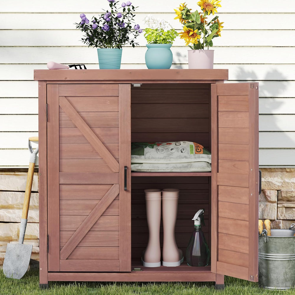 Outdoor Potting Bench with Storage Cabinet and Metal Top, Wood Workstation fo...