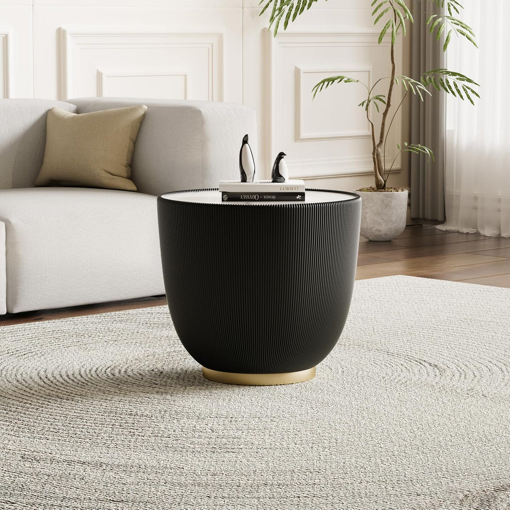 Black Round Coffee Table with Sintered Stone Tabletop, 19.69 Drum Coffee Tabl...