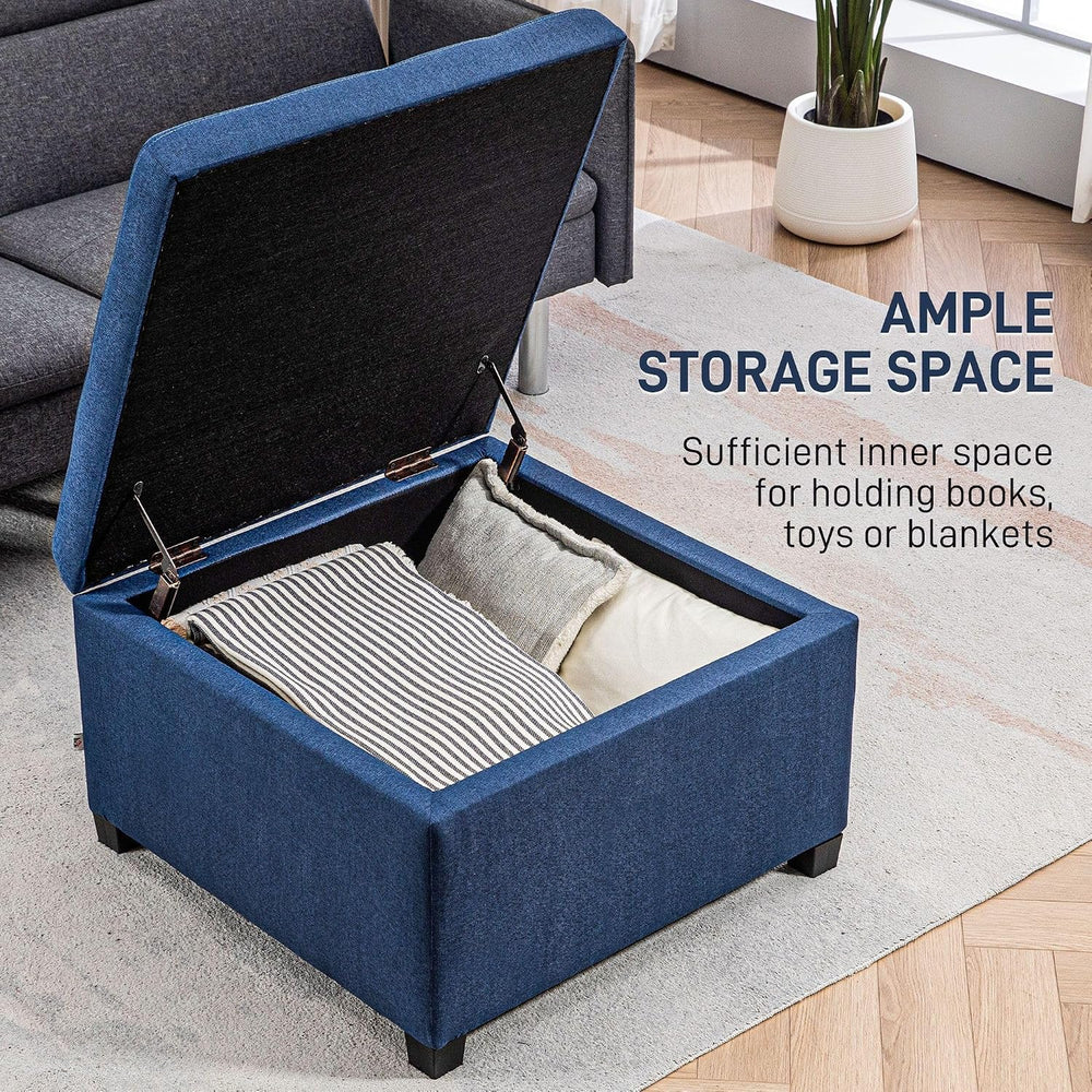 Round Storage Button Tufted Flip Top Ottoman in Classic Blue Velvet with Comf...