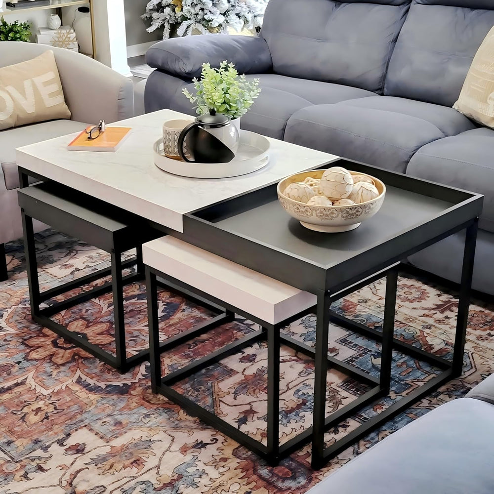 MAISON ARTS Nesting Coffee Table Set of 3, Marble White and Black | Rectangle...