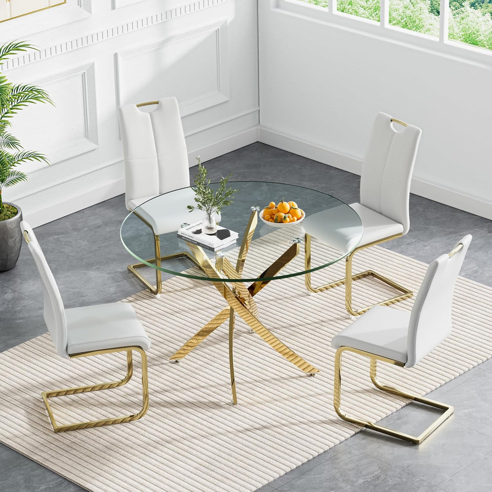 5-Piece Dining Room Table Set, Modern 36" Round Gold Glass Dining Table ...