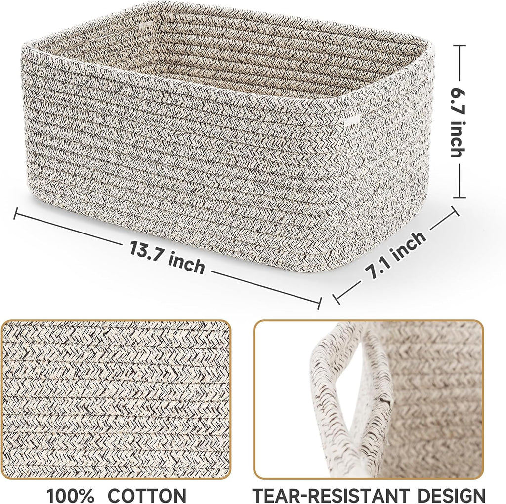 3 Pack Storage Baskets for Organizing, 13.7×9.5×6.3", Mixed brown | Woven Baskets for Shelves, Cotton Rope Basket for Gifts Empty, Closet Organizer Bins with Handles, Cube Decorative Box