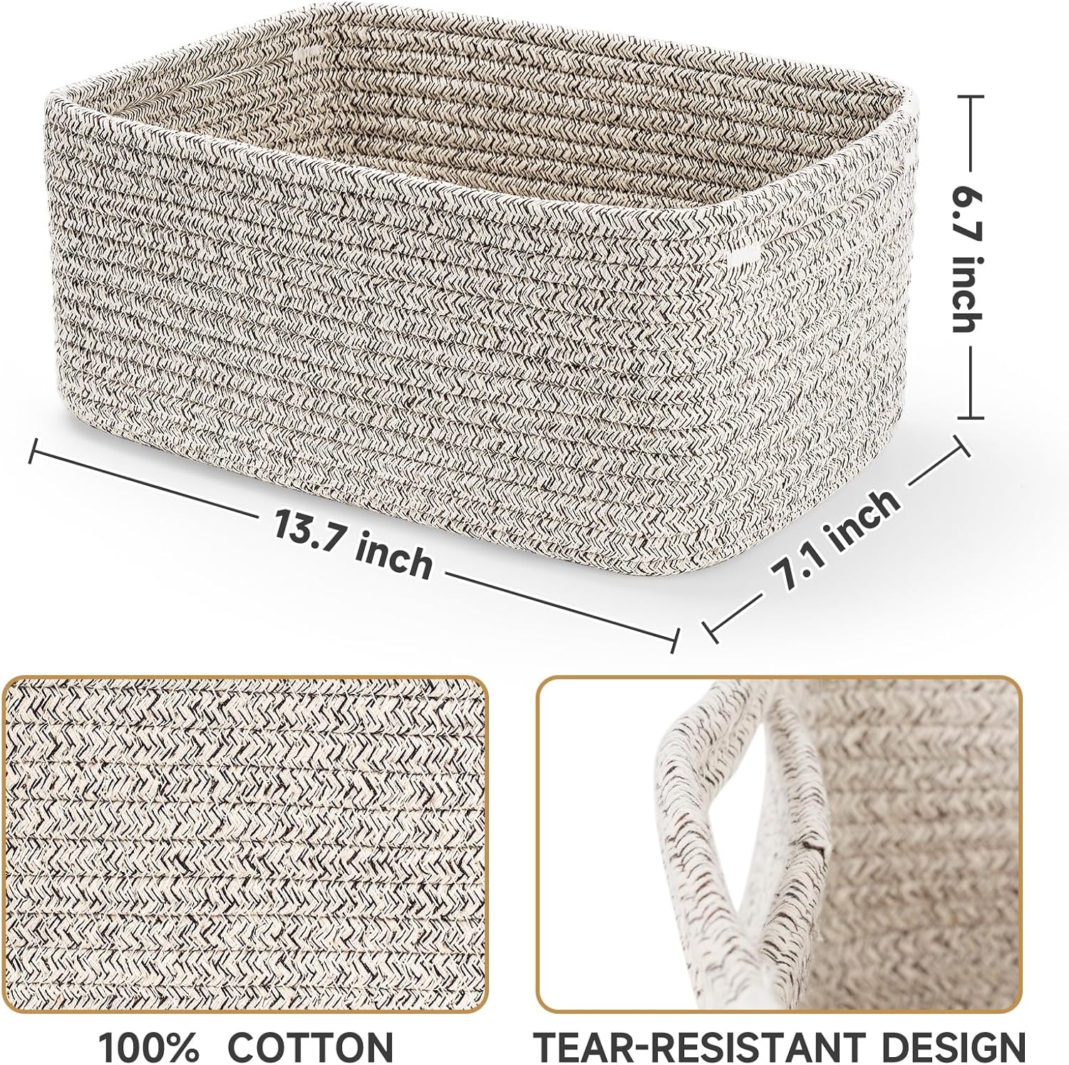 3 Pack Storage Baskets for Organizing, 13.7×9.5×6.3", Mixed brown | Woven Baskets for Shelves, Cotton Rope Basket for Gifts Empty, Closet Organizer Bins with Handles, Cube Decorative Box